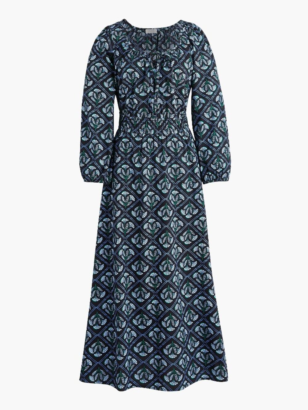 J. Crew Long-Sleeve Smocked Waist Poplin Dress 2025 Black Vintage Peri Multi 4P